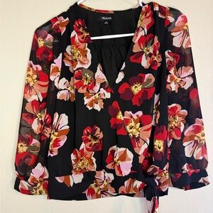 Madewell Black and Red Floral Wrap Blouse